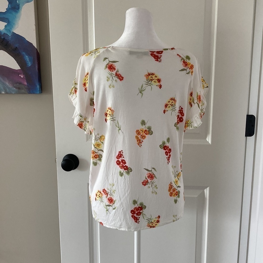 LOFT Small petite top floral white orange yellow ruffle short sleeves - Picture 7 of 10